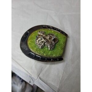 Vintage Goldtone Horse Stagecoach horseshoe belt buckle Japan 3"